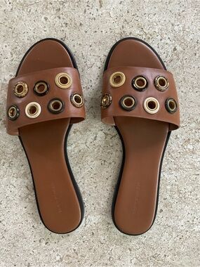 Tory Burch Brown Slide Sandals with Gold & Black Grommets